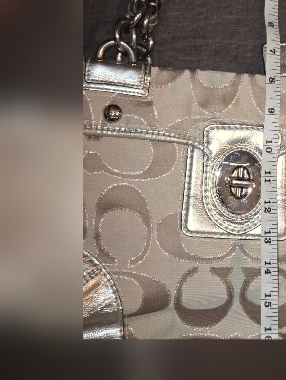 Coach Signature Canvas Tote Bag Beige & Silver Metallic Shoulder Purse - Picture 10 of 10